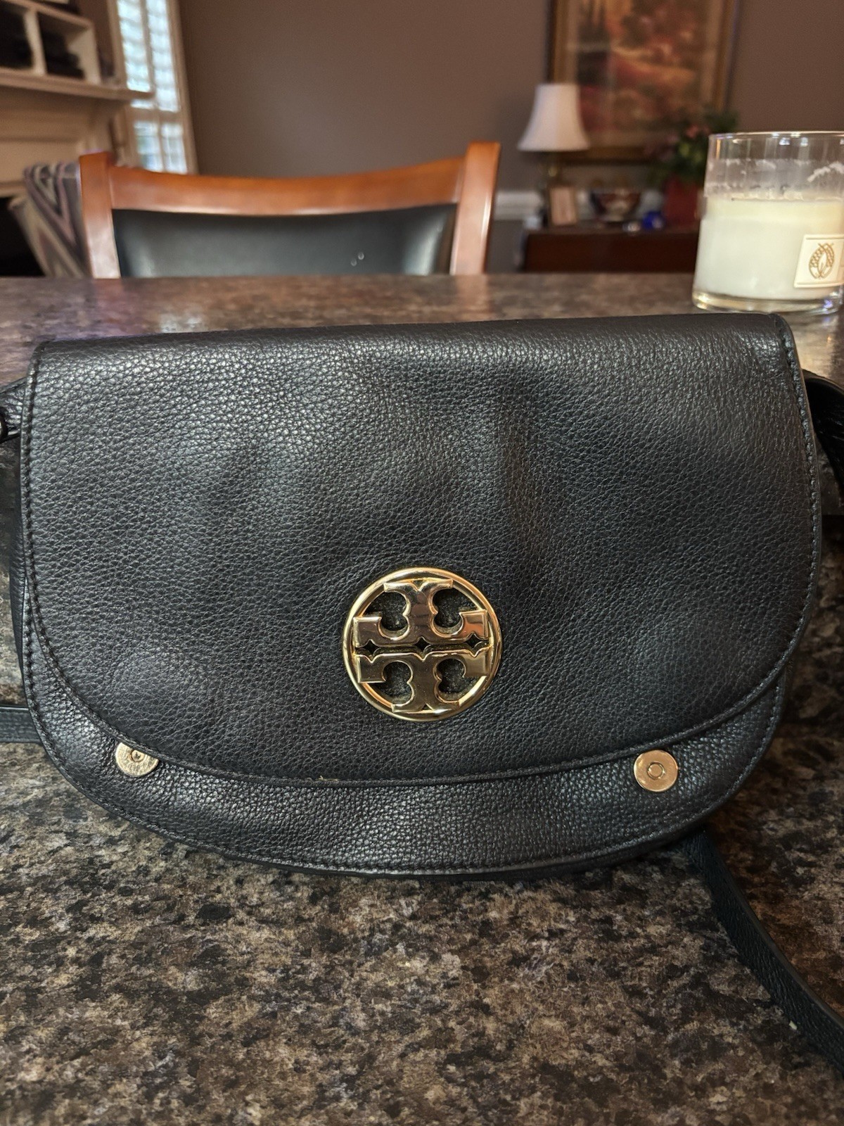 Tory Burch Black Reva Logo Small Crescent Crossbody Bag Gold Hardware Magnetic