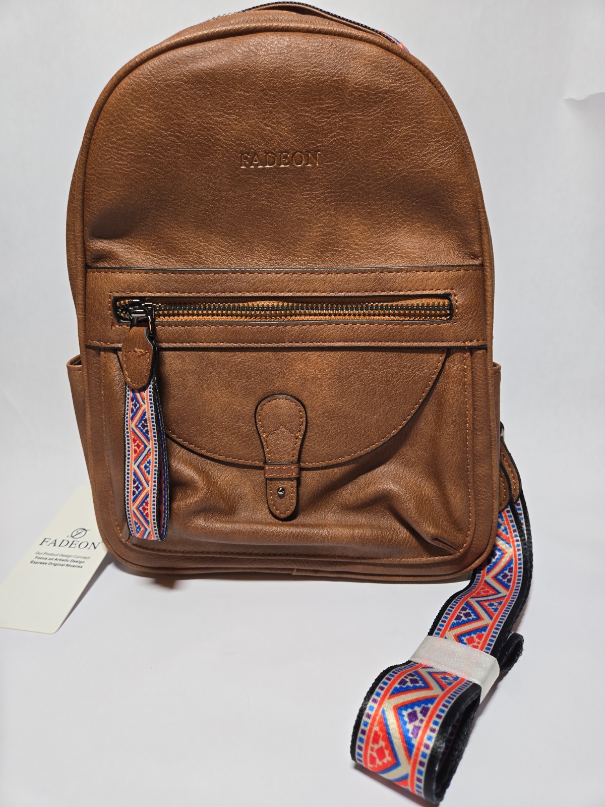 Fadeon Cognac Brown Vegan Leather Mini Backpack Woven Trim Boho