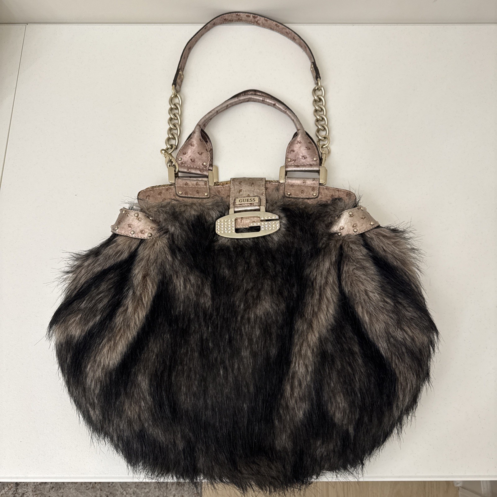 Vintage Y2K Guess Faux Fur Hobo Bag Rose Gold McBling Rhinestone Purse VERY RARE