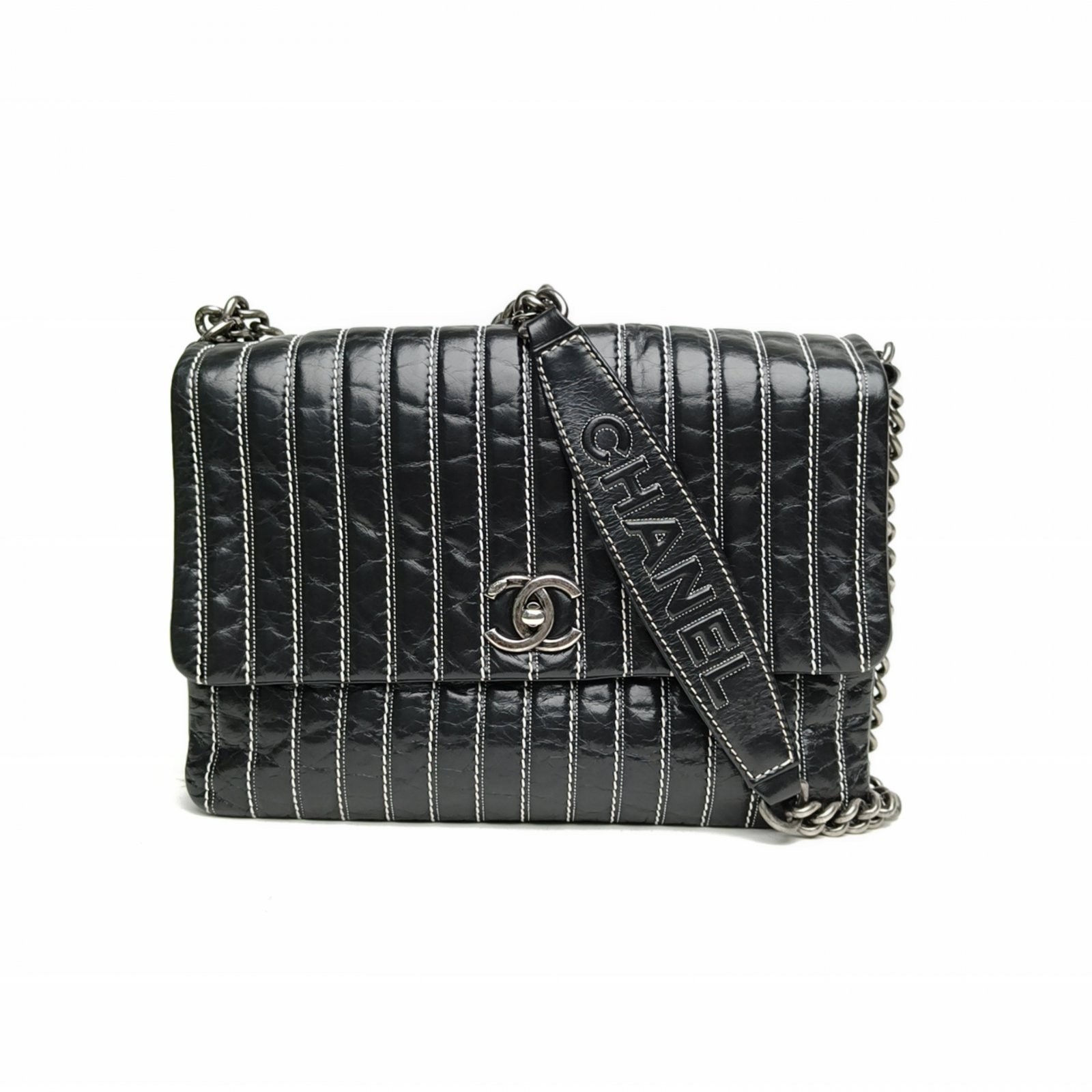 CHANEL Black Vertical Stripes Envelope Airport Bag Calfskin Crossbody Bag