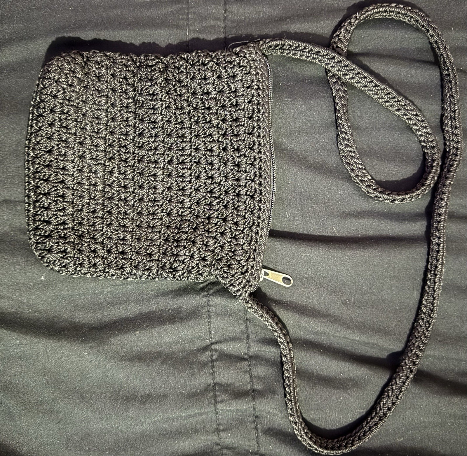 Black Solid Crochet-Accent Crossbody Bag, Zip Closure, Lined, Silver Hardware
