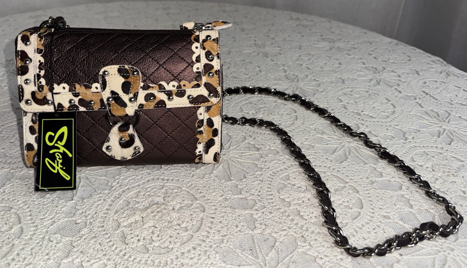 NWT Sharif Leopard Print Calf Hair Crossbody Bag Chain Strap Purse Y2K 90s