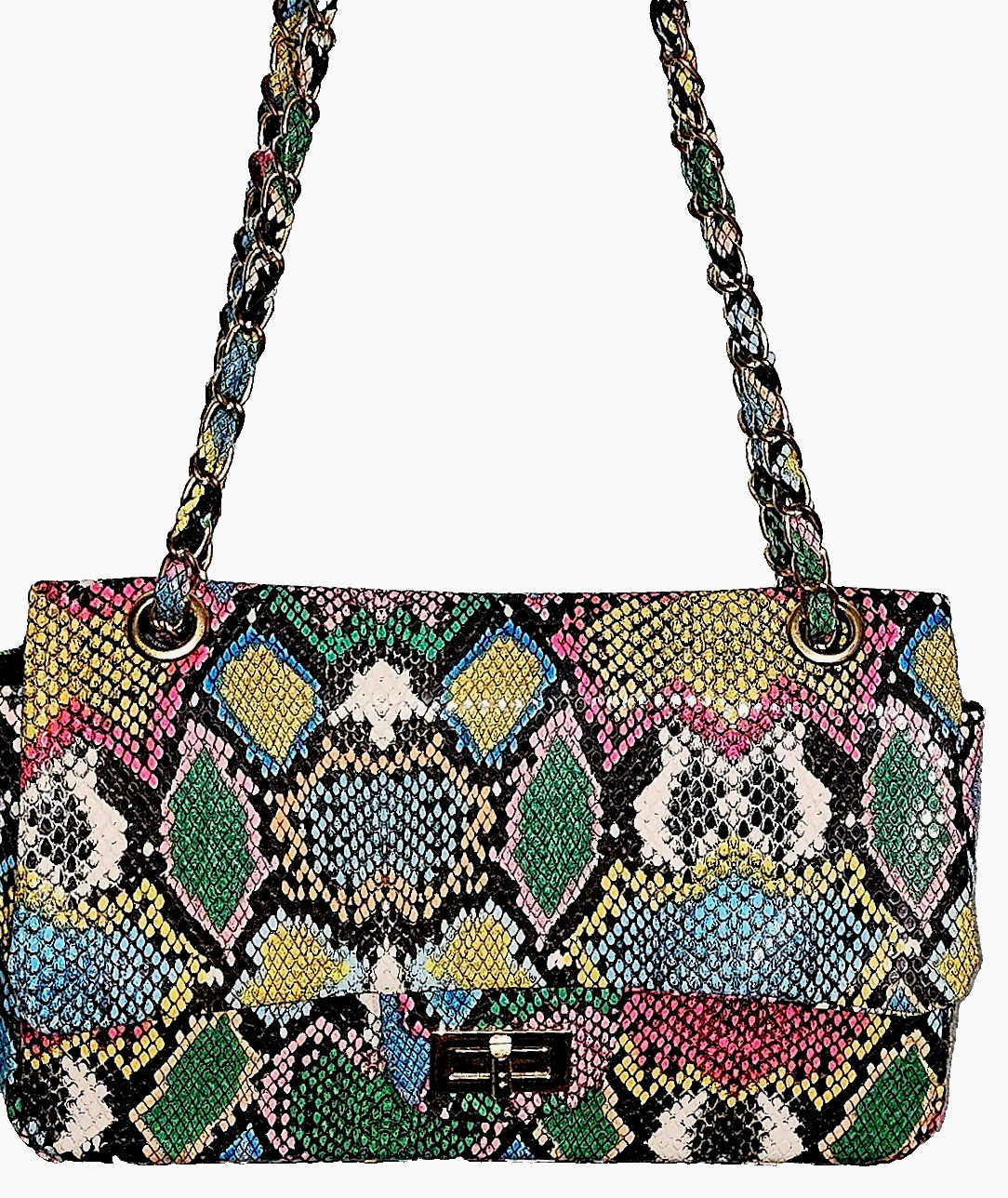 FASHION NOVA MULTI-COLOR EMBOSSED SNAKEESKIN PATTERN SM DOUBLE CHAIN HANDLE BAG