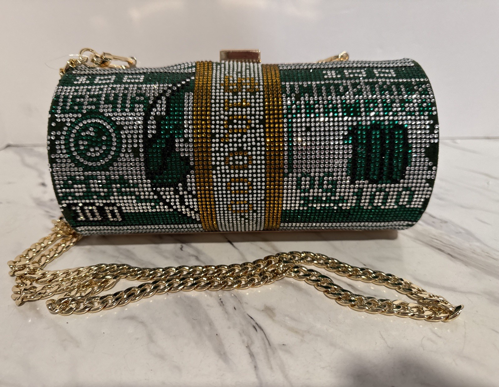 Money Roll Rhinestone Purse Novelty Handbag One Hundred Dollar Bill Round READ