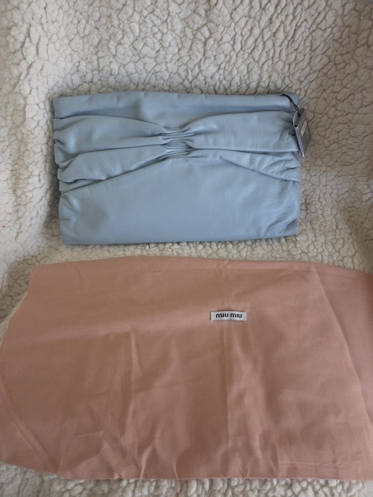 Miu Miu Light Blue Ruched Pleated Zip Clutch Gold Hardware Dust Bag