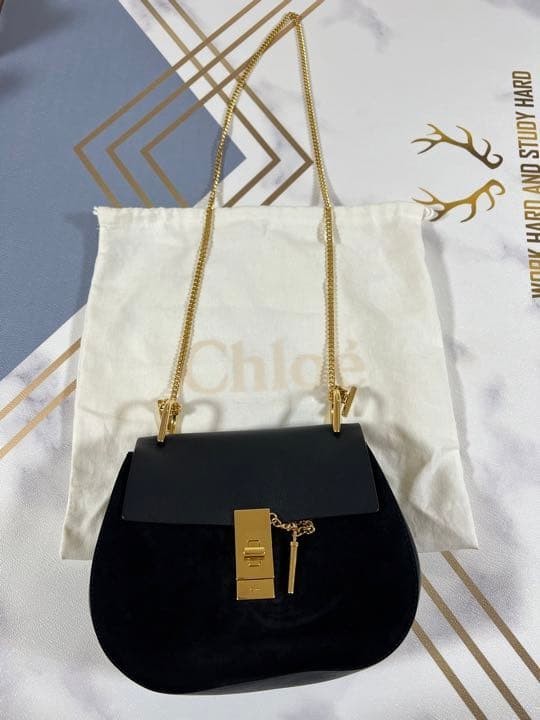 Authentic Chloe Drew Black Chain Shoulder Bag Leather Suede W/Dust Bag