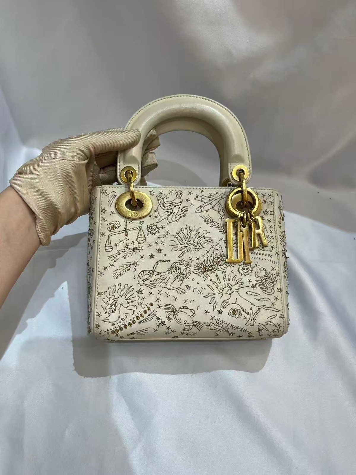 Auth Christian Dior Lady Dior Mini White Zodiac Beaded Embroidery Crossbody Bag