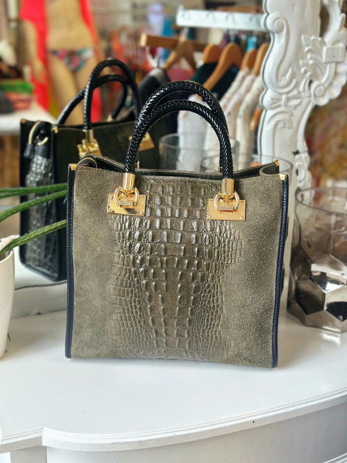 Suede Croc Emboss Italian Leather Handbag Olive