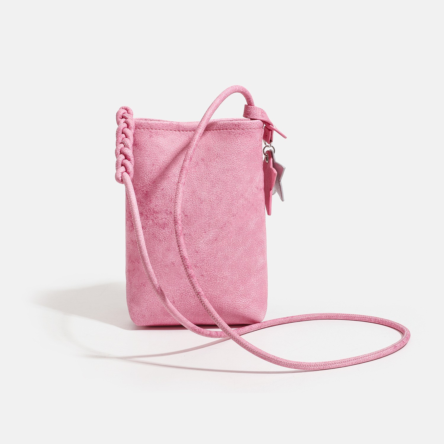 Pink Mini Crossbody Bag Womens Phone Shoulder Bag Faux Suede Star Charm