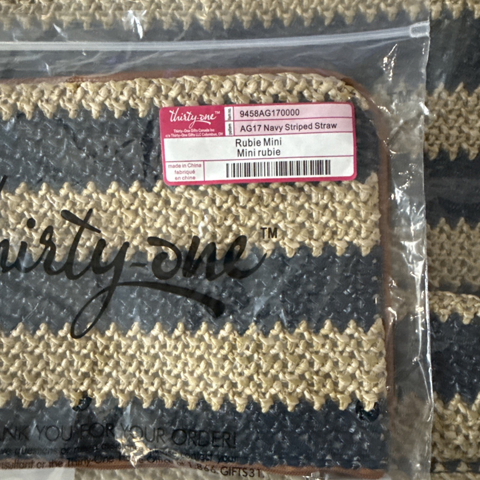 Thirty One Around Town Tote Navy Striped Straw with Clutch Bag