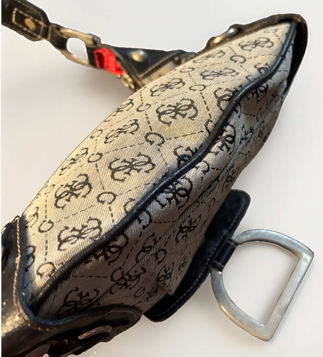 Vintage Y2K Guess Monogram Jacquard Crescent Hobo Bag Gray Croc Buckle Purse