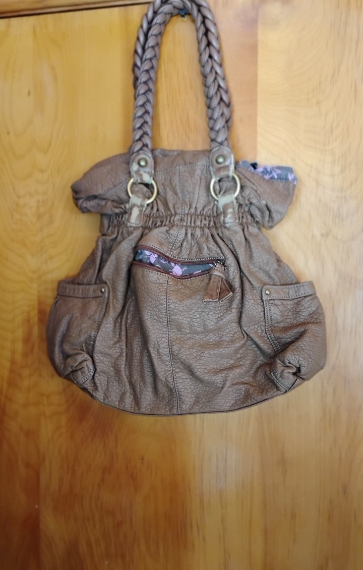 Kathy Van Zeeland Brown Pebbled Satchel Zip Studded Floral Lined Pockets