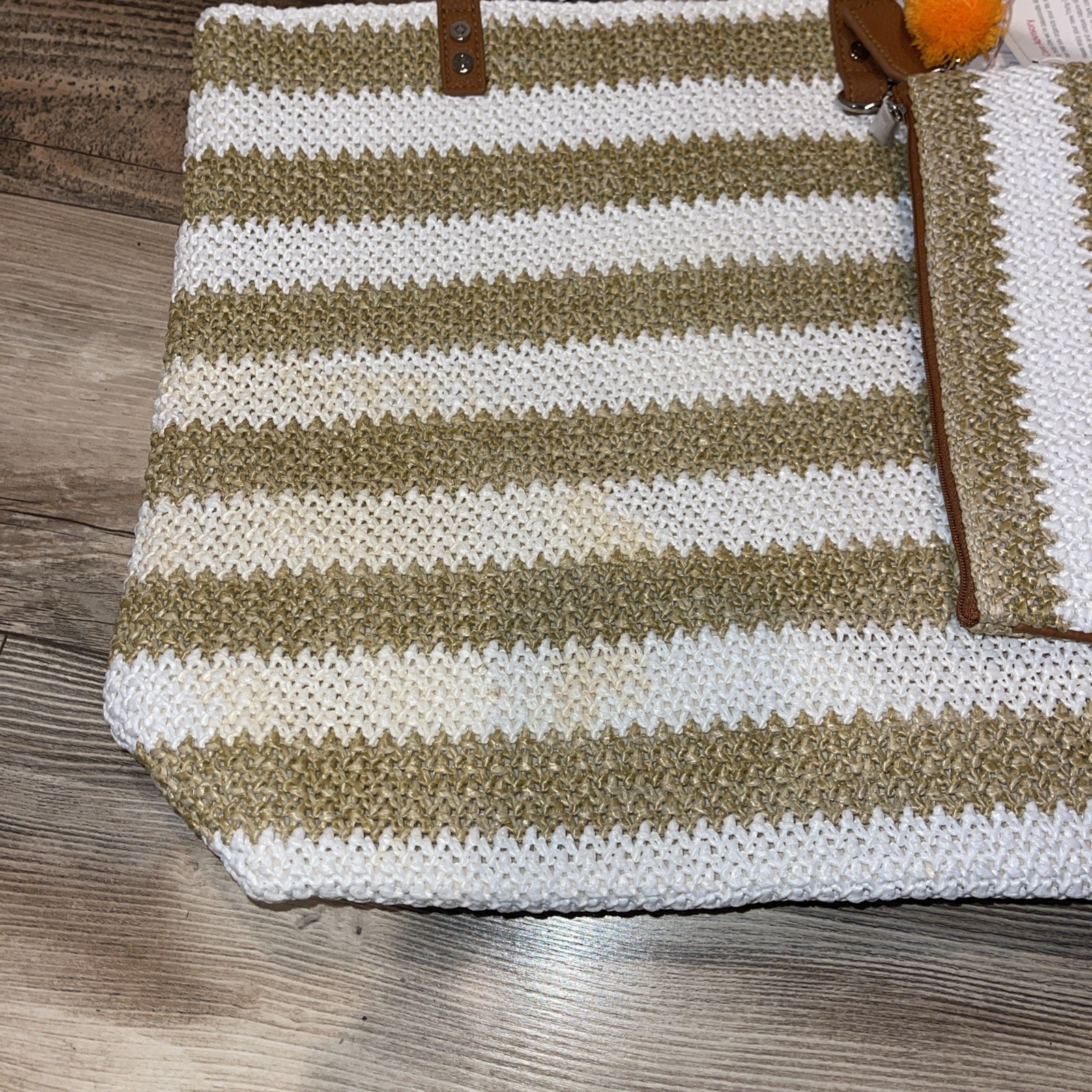 Thirty One 31 Around Town Tote White Tan Striped Straw New Ruby Mini Pouch NWT