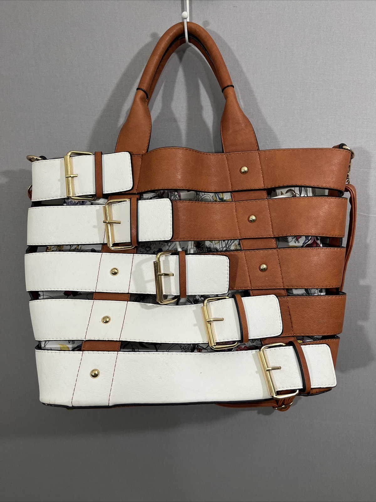 Yes Darling Boutique Tote with Bucket Detail Brown White Faux Leather Floral