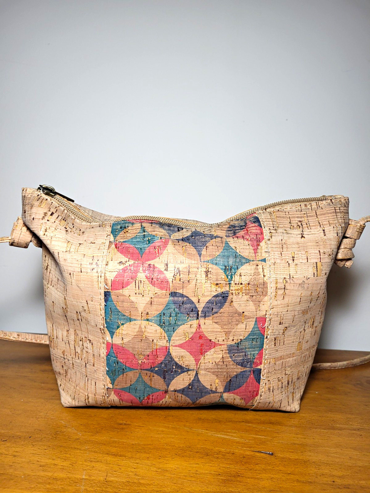 Cork Crossbody Zip Bag Beige/Multicolor 8 in x 5 in