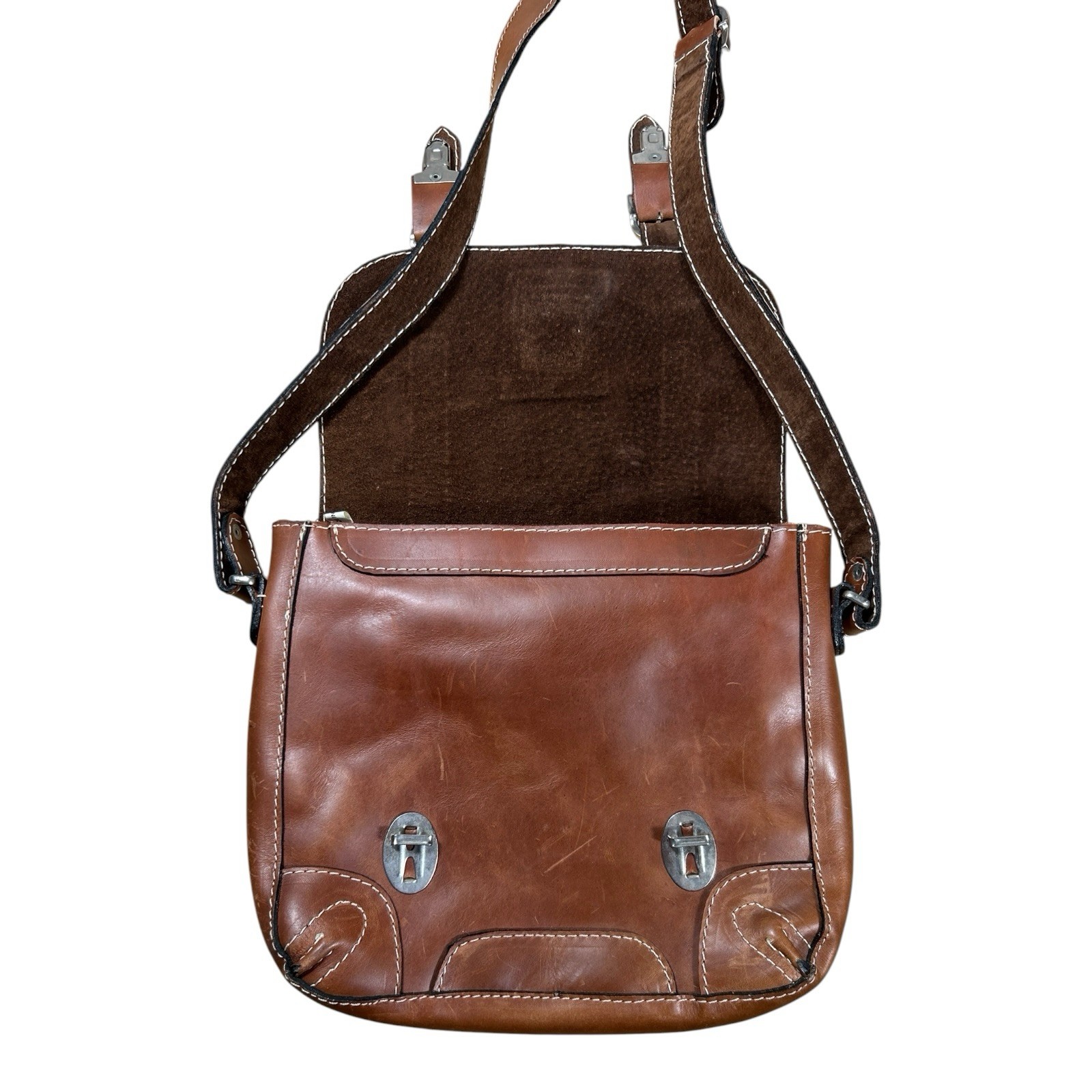 Domini Pelle Brown Leather Crossbody Satchel Tartan Lining Dual Buckle Mexico