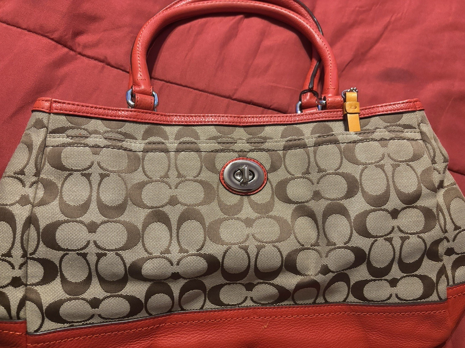 Coach Signature C Logo Large Tote Brown/Orange Turn Lock Lined Inner Pockets