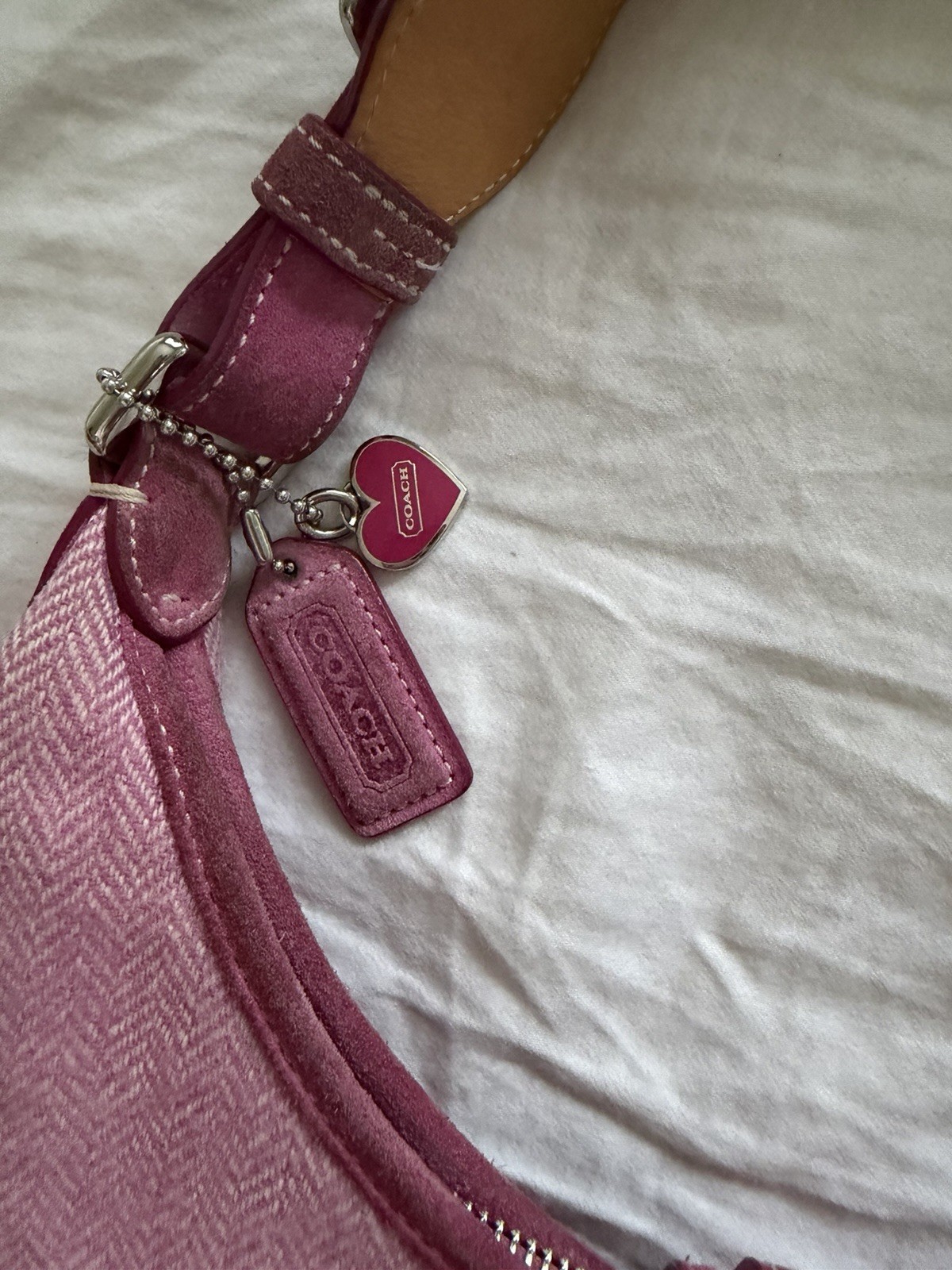 COACH G04J-1407 Vintage Pink White Herringbone Tweed Leather bag Hobo Handbag