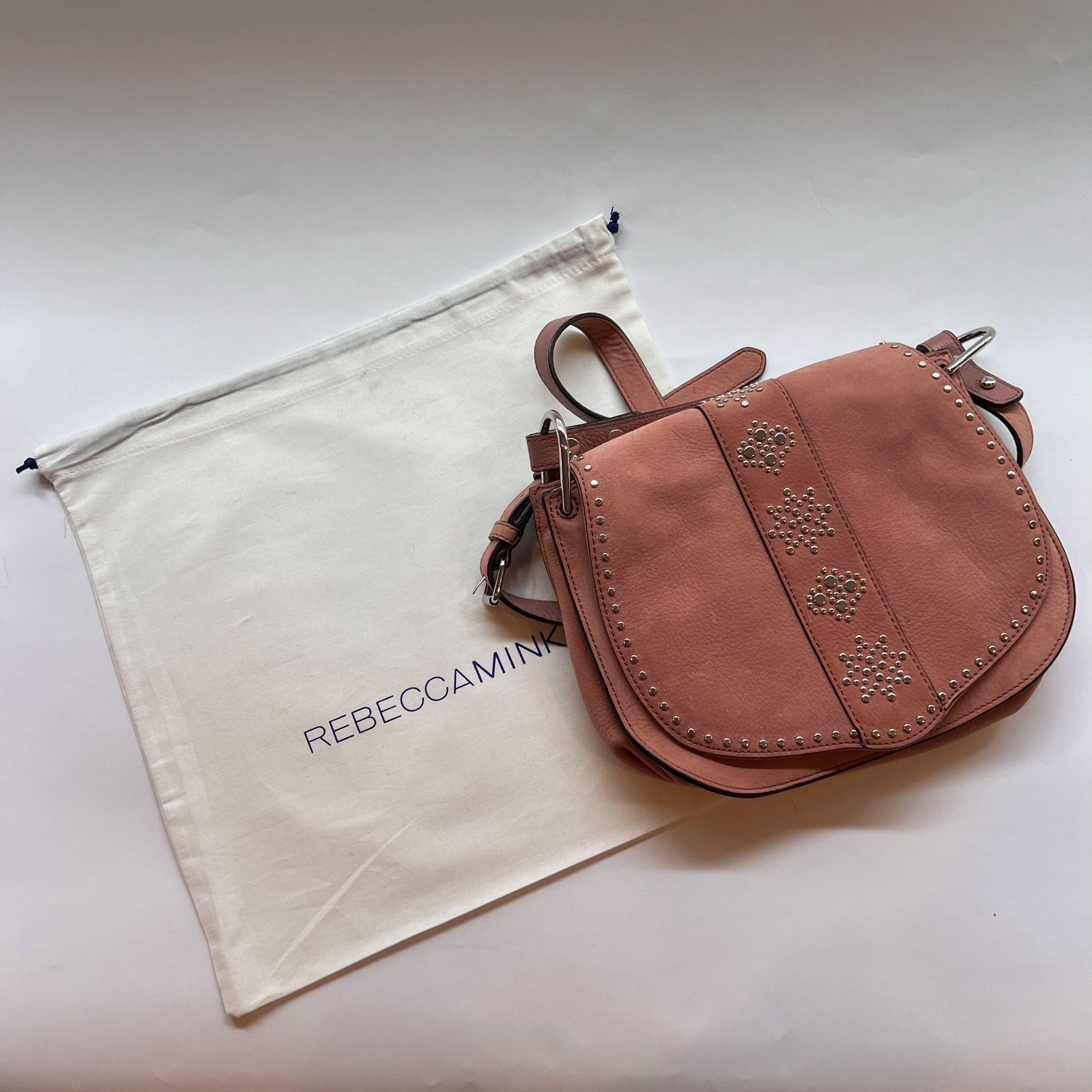 Rebecca Minkoff Dusty Pink Stargazing Studded Nubuk Suede Crossbody Saddle Bag