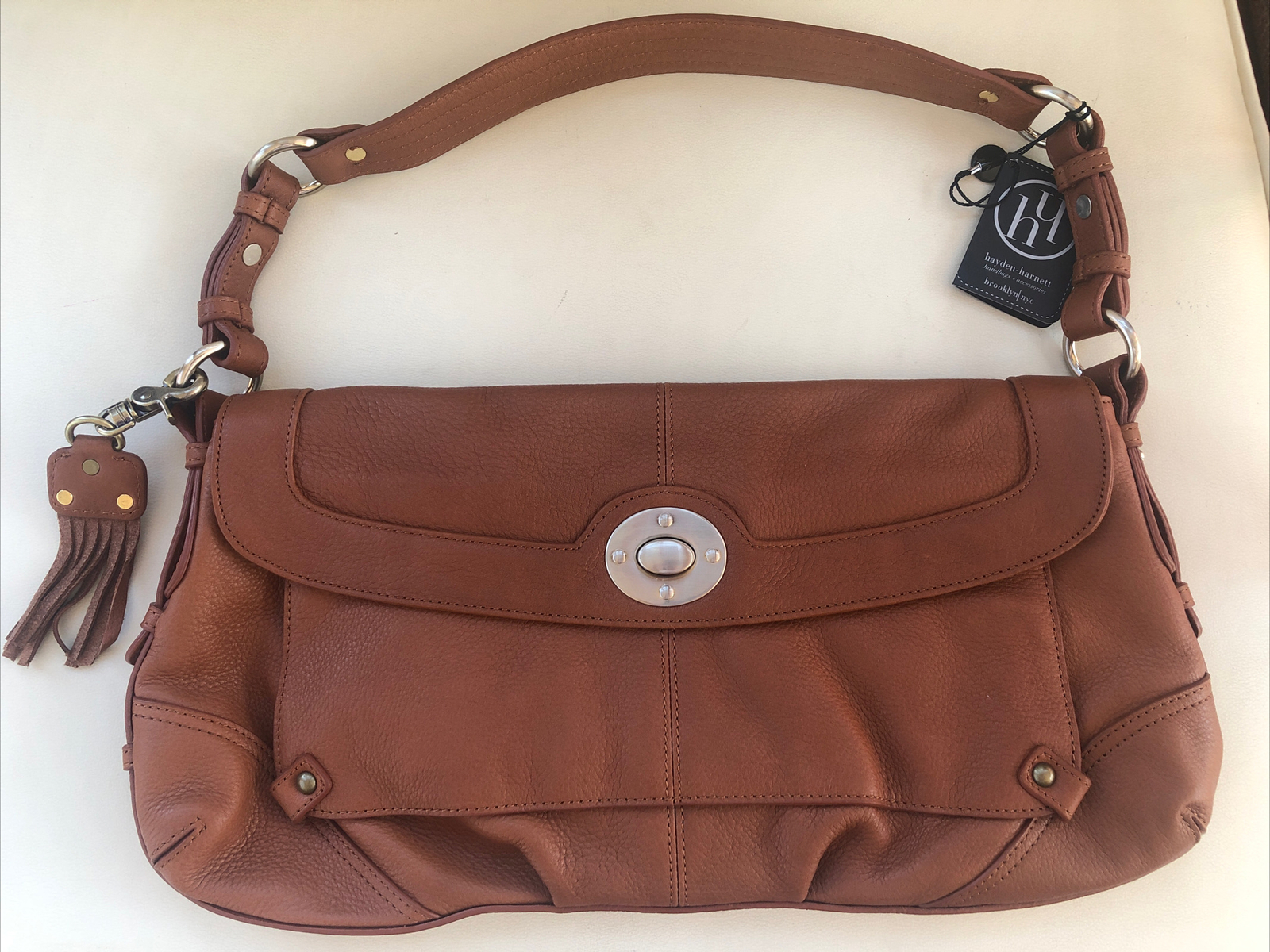 Hayden Harnett Lilly Brown Pebbled Leather Flap Purse Shoulder Bag Cognac