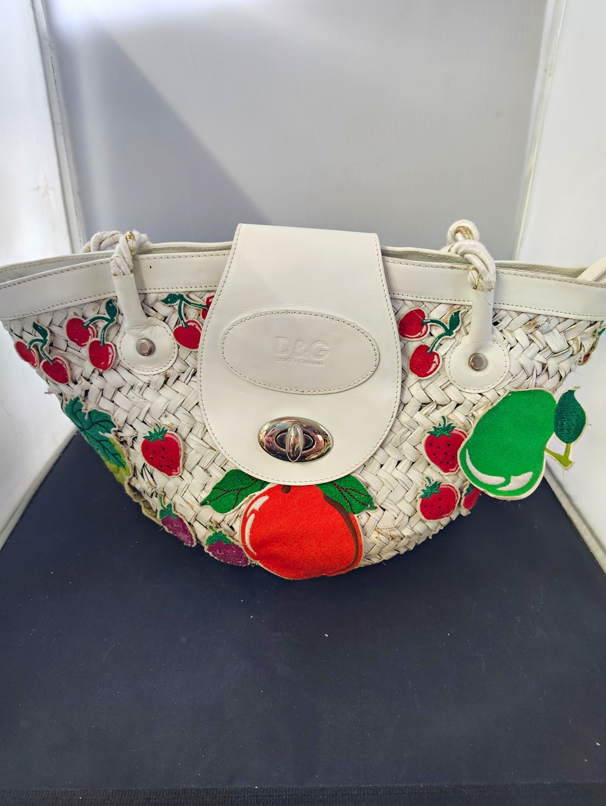 Authentic D&G Women’s Medium Crescent Shoulder Bag Fruit Print Zip Raffia Wicker
