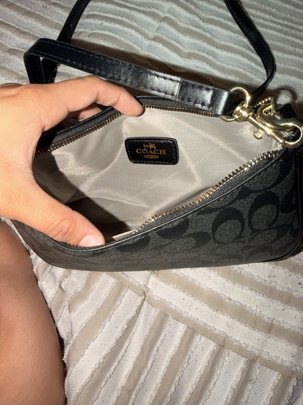 Coach Signature Black Small Crescent Crossbody, Zip, Gold Hardware, Strap