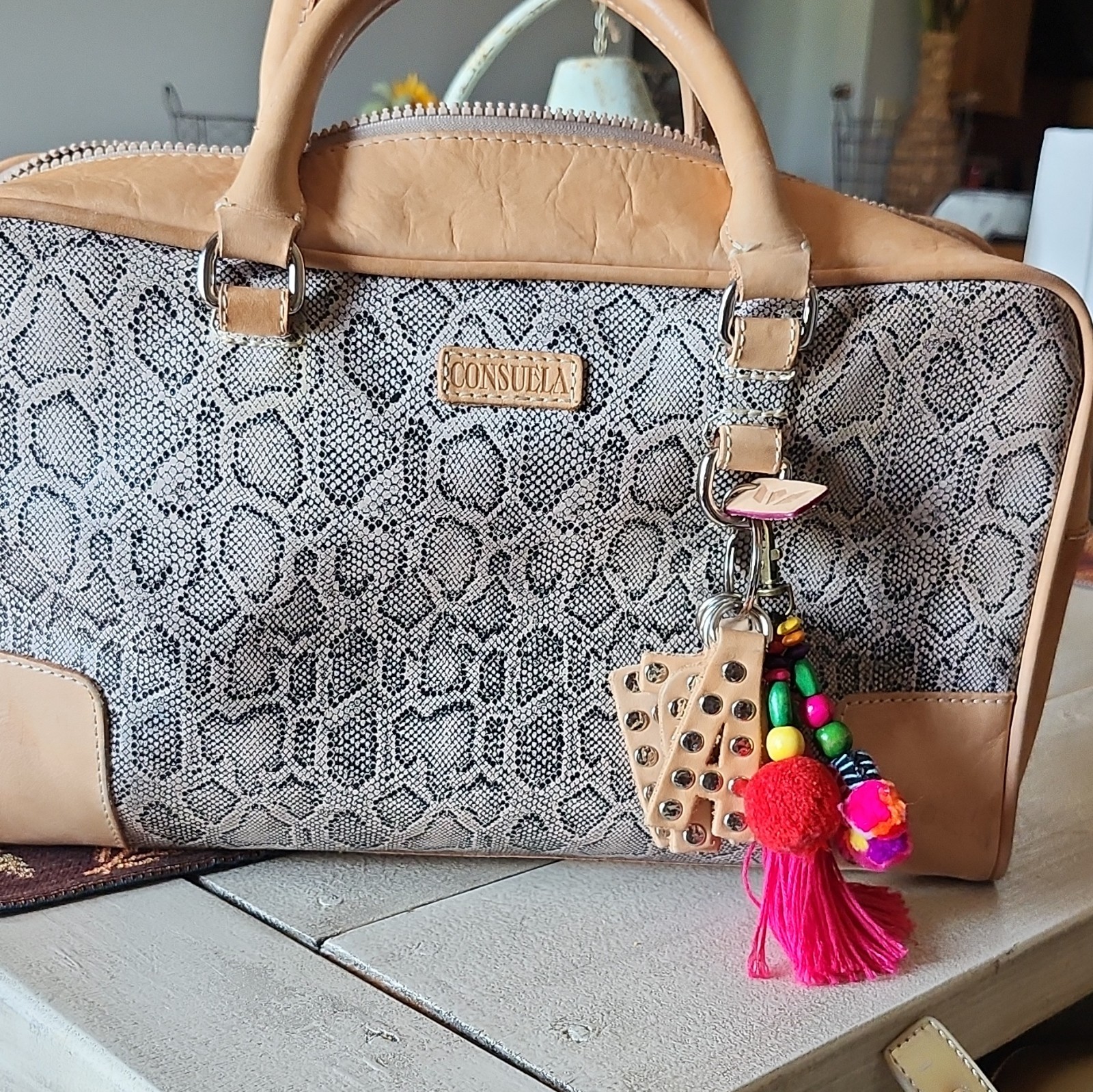 Consuela Snake Skin Satchel Top Handle Bag Gray/Tan Zip w/ Tassel Charm
