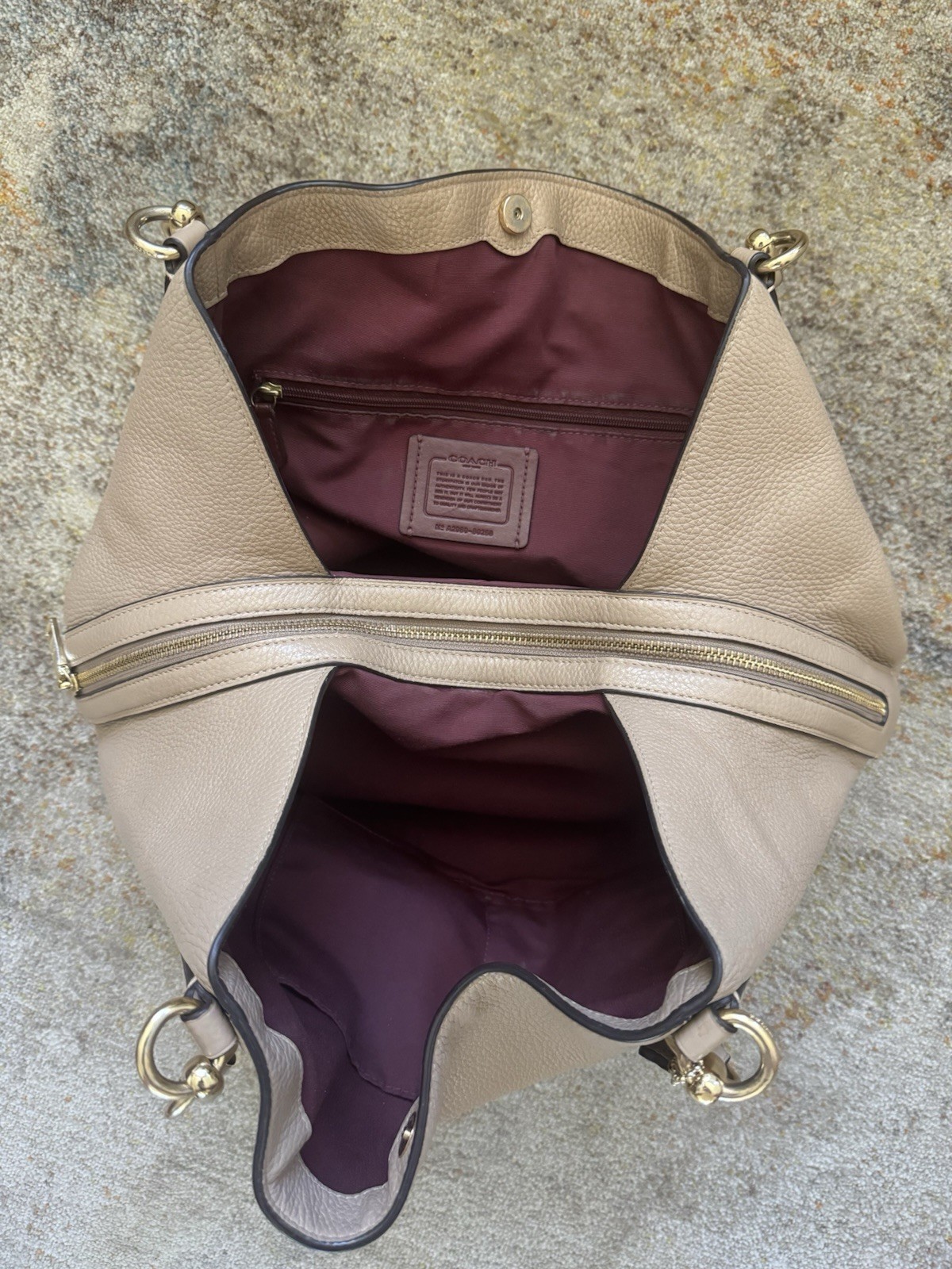 Coach Hallie 3 compartment shoulder bag taupe with burgundy color interior 80268
