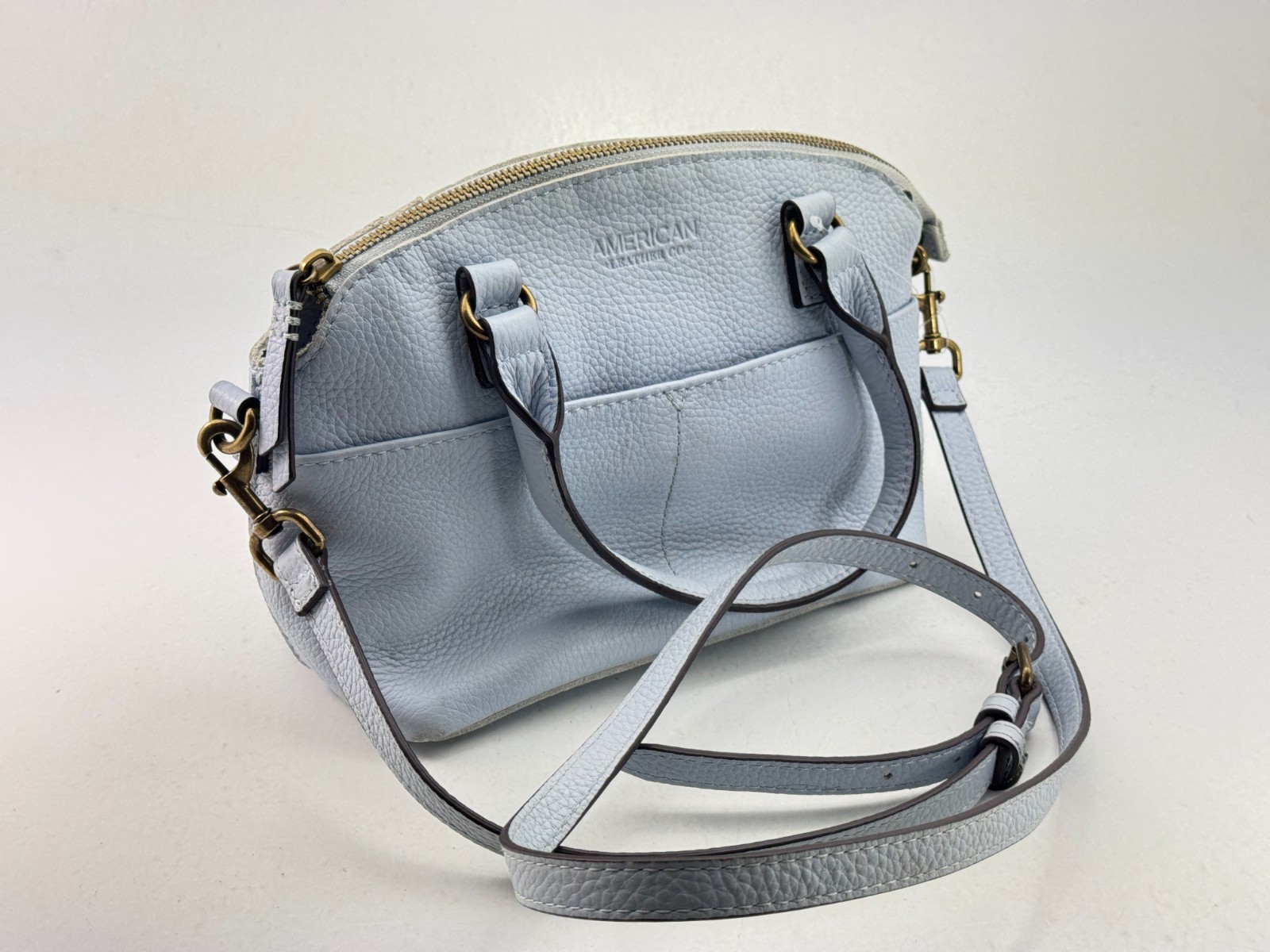 American Genuine Leather Handbag Bag Purse Crossbody Light Blue Gray 11.5″x7″
