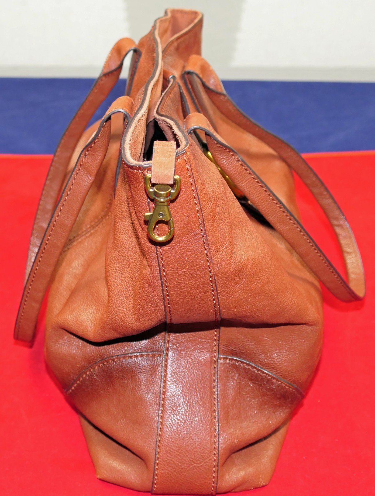 FRYE COGNAC LEATHER DUAL-HANDLE MAGNETIC-CLOSURE FABRIC LINED BRASS~TRIM BAG