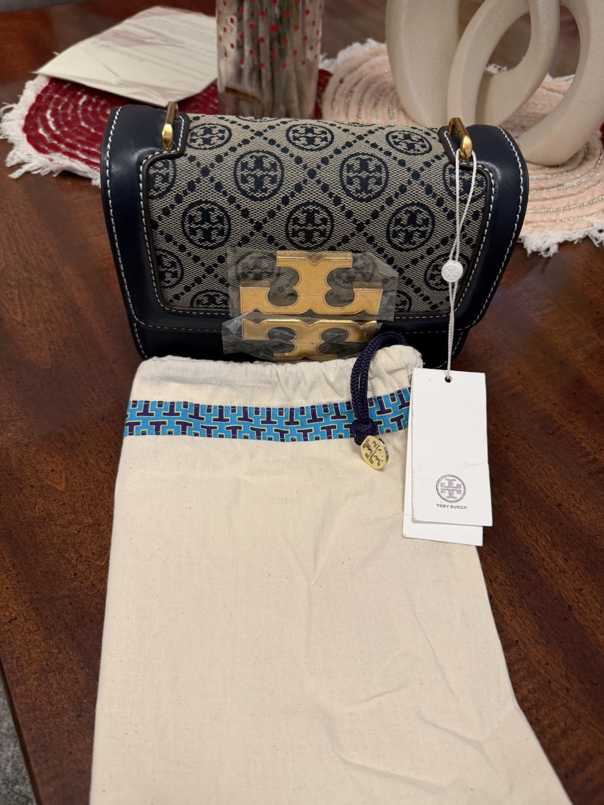 Tory Burch Navy/Beige Logo Crossbody Bag w/ Detachable Strap Dust Bag