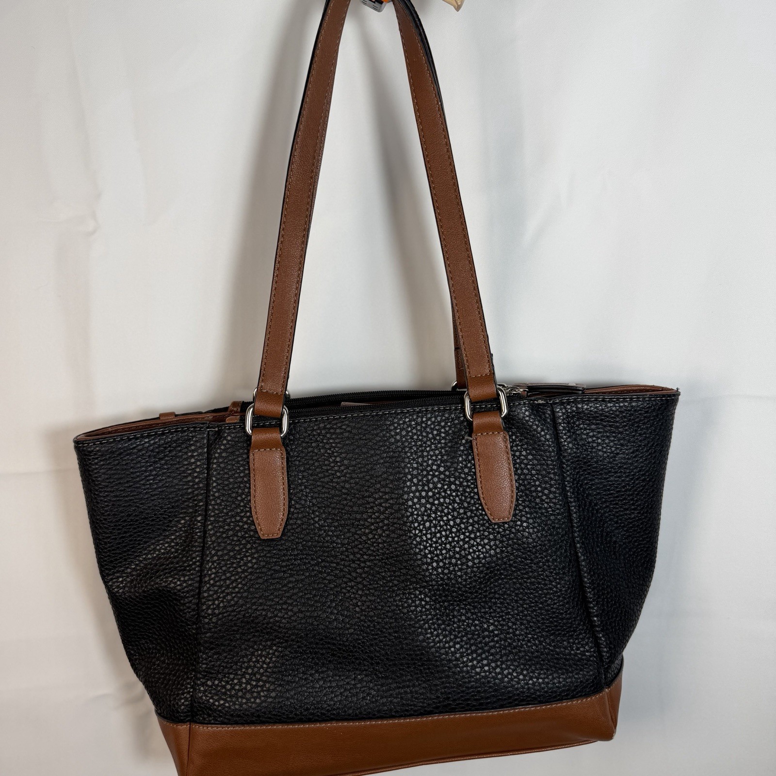 Chaps Women’s Black Pebbled Tote Bag with Brown Trim Shoulder Minimalist Chic