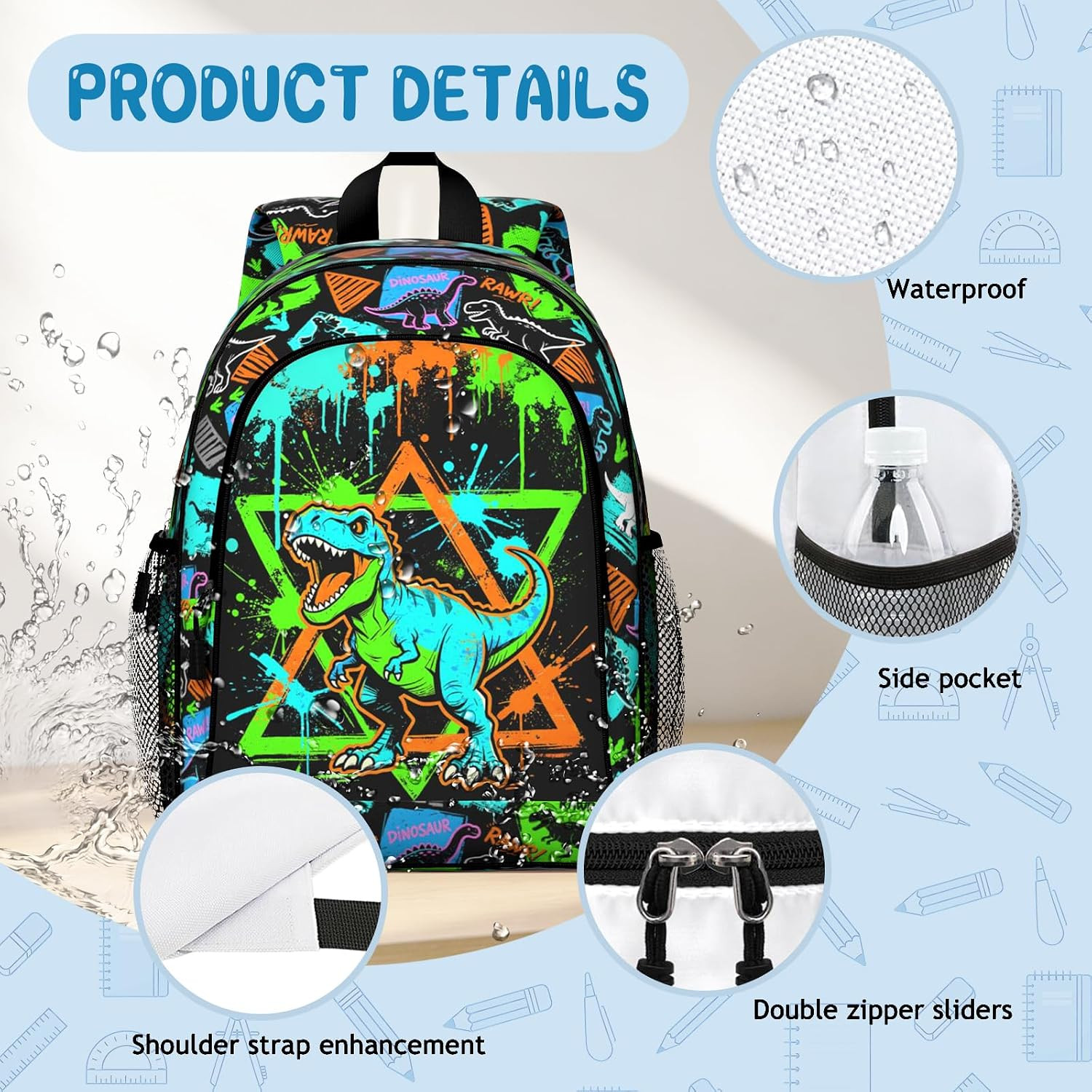 Kids Backpack, Street Art Graffiti T-Rex School Backpack, Dinosaur Splash Print