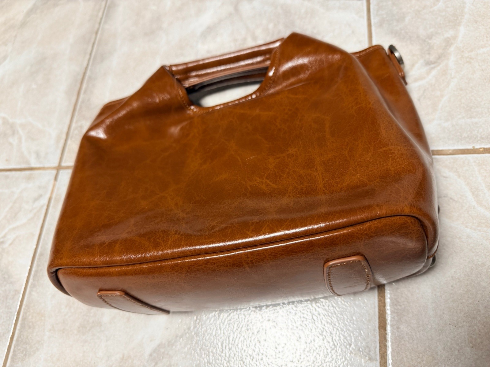Brown Cowhide Leather Studded Satchel Top Handle Chain Silver Zip Magnetic Pouch