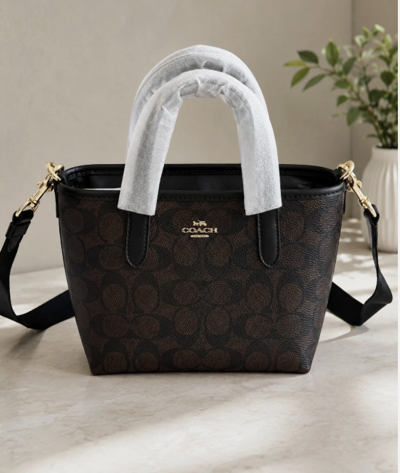 WNT City Mini Tote Bag In Signature Canvas In Gold/Walnut/Black CW032