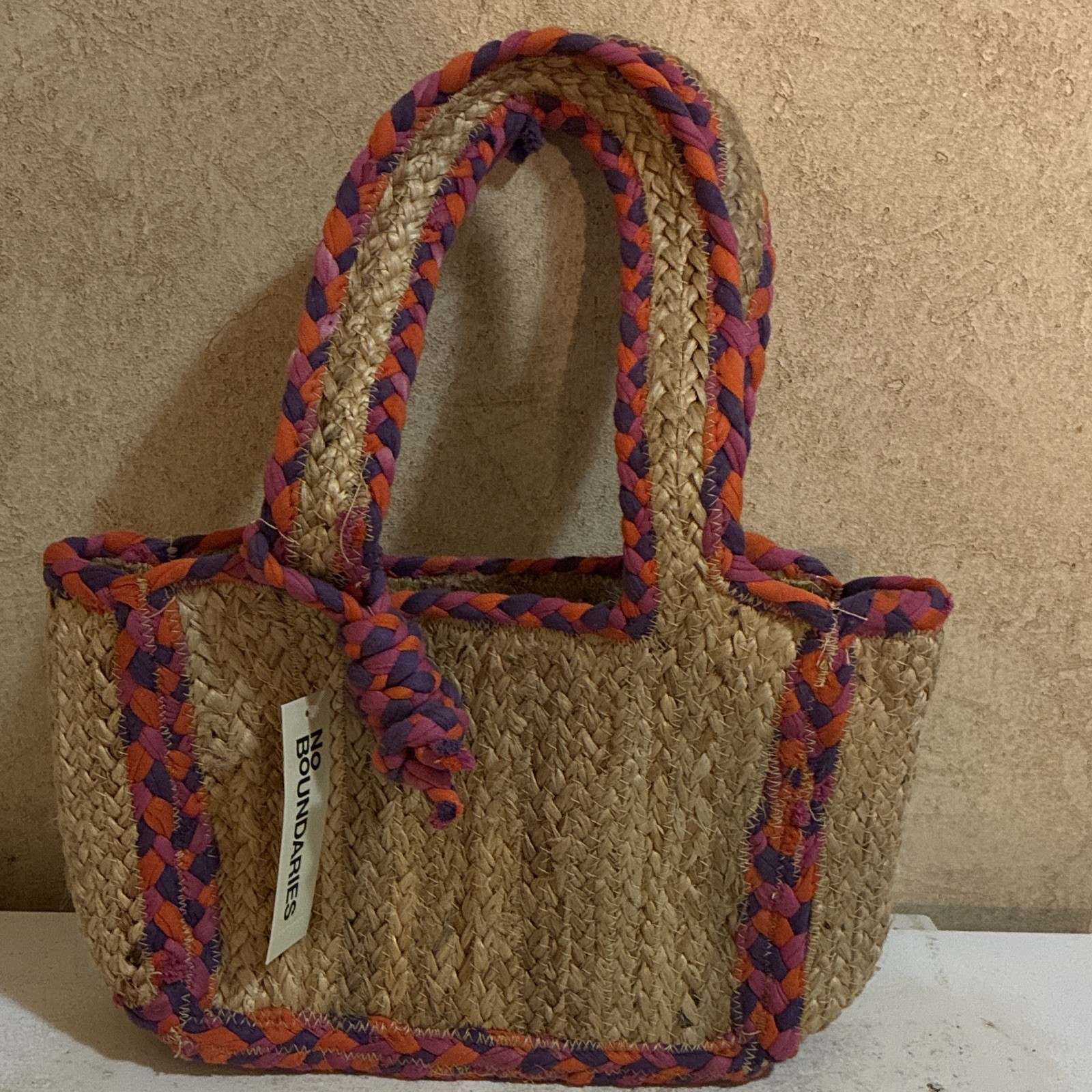 No Boundaries Mini Tote Braided Multicolor Trim Open Top Lightweight Beach