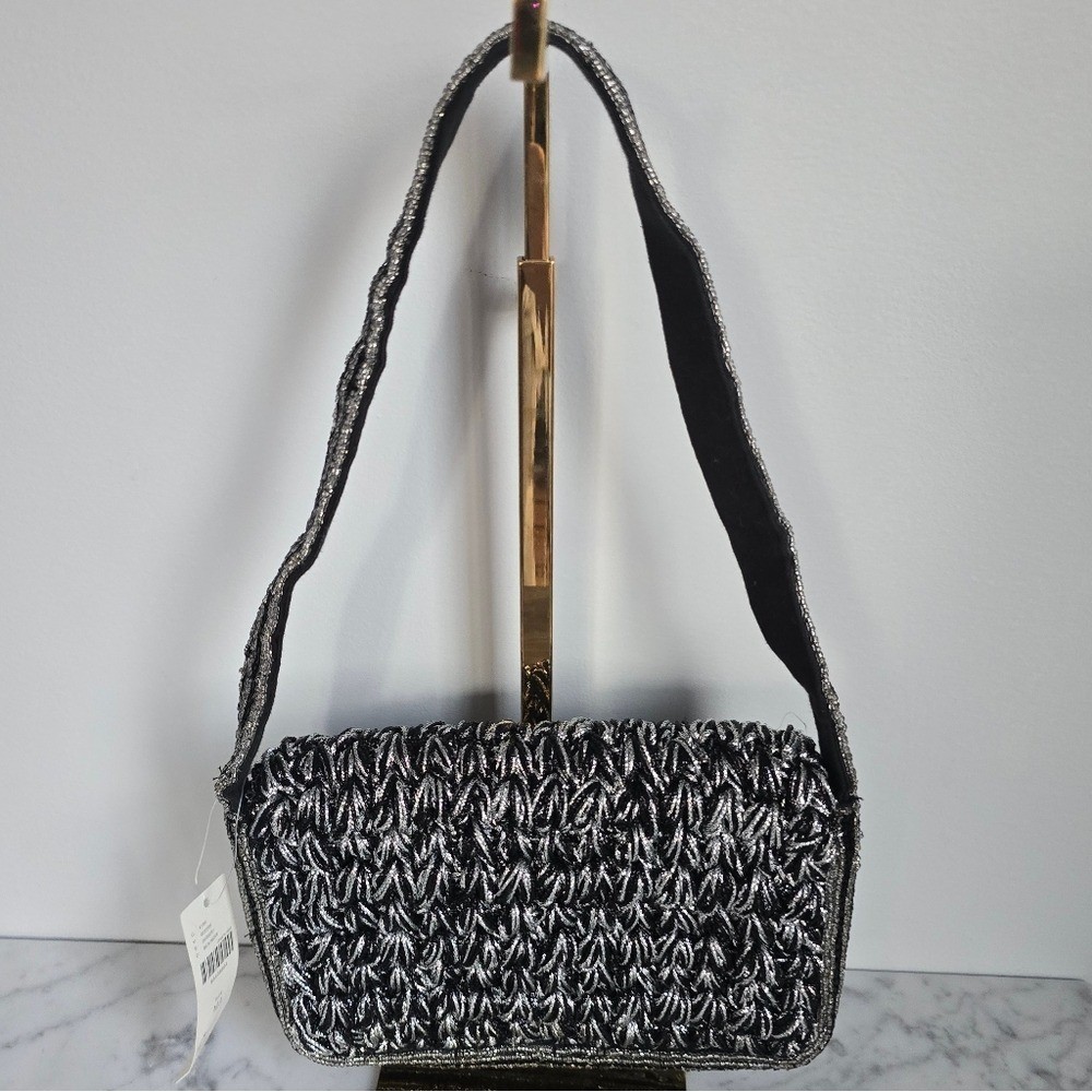 Anthropologie NEW The Fiona Black Metallic Beaded Crochet Edition Shoulder Bag