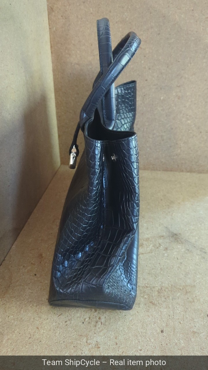 Longchamp Roseau Crocodile Embossed Leather Tote Bag Black Silver Hardwa G2U