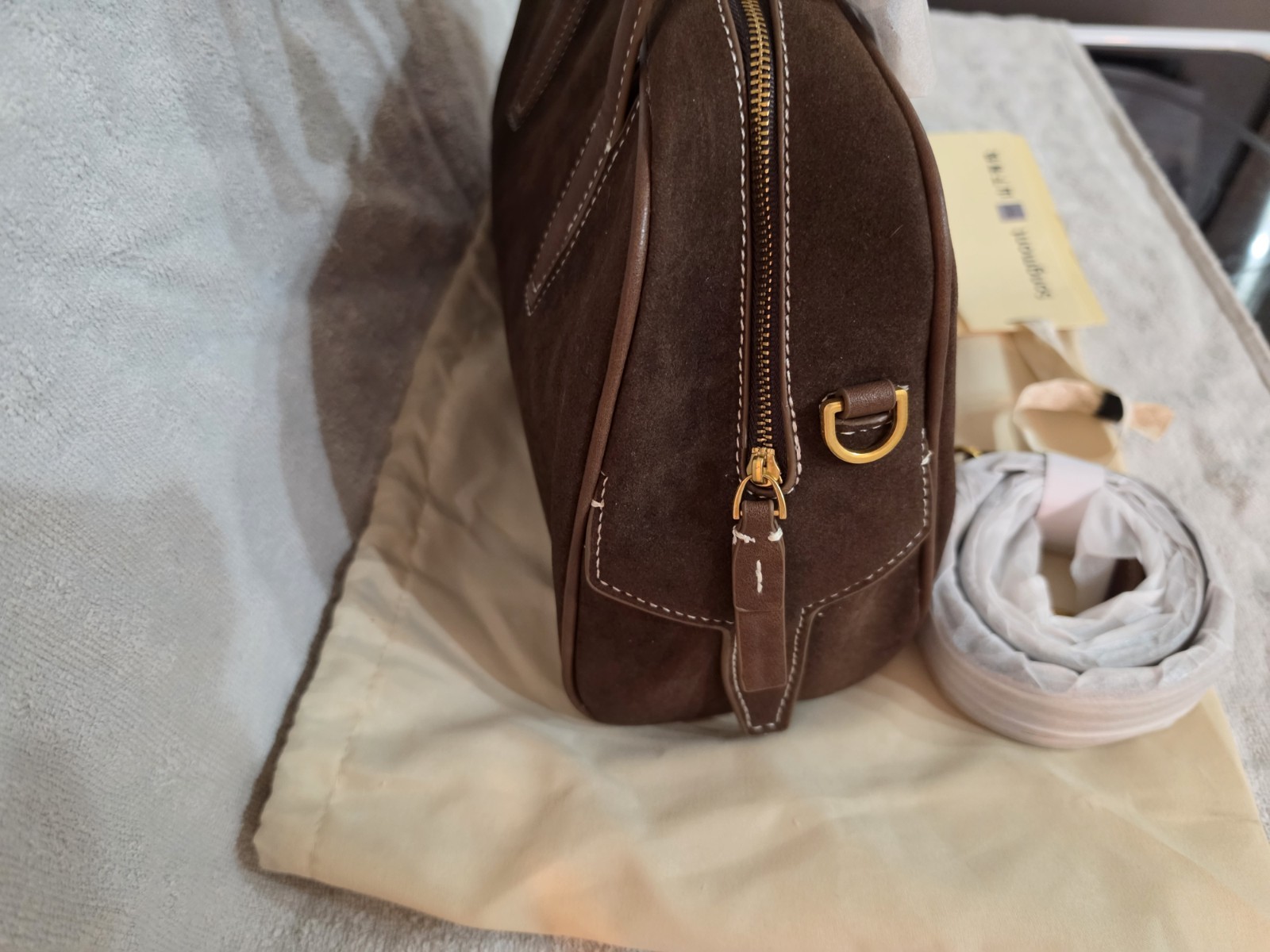 Songmont Brown Top Handle Bag Zip Detachable Strap, Dust Bag, Brand Card