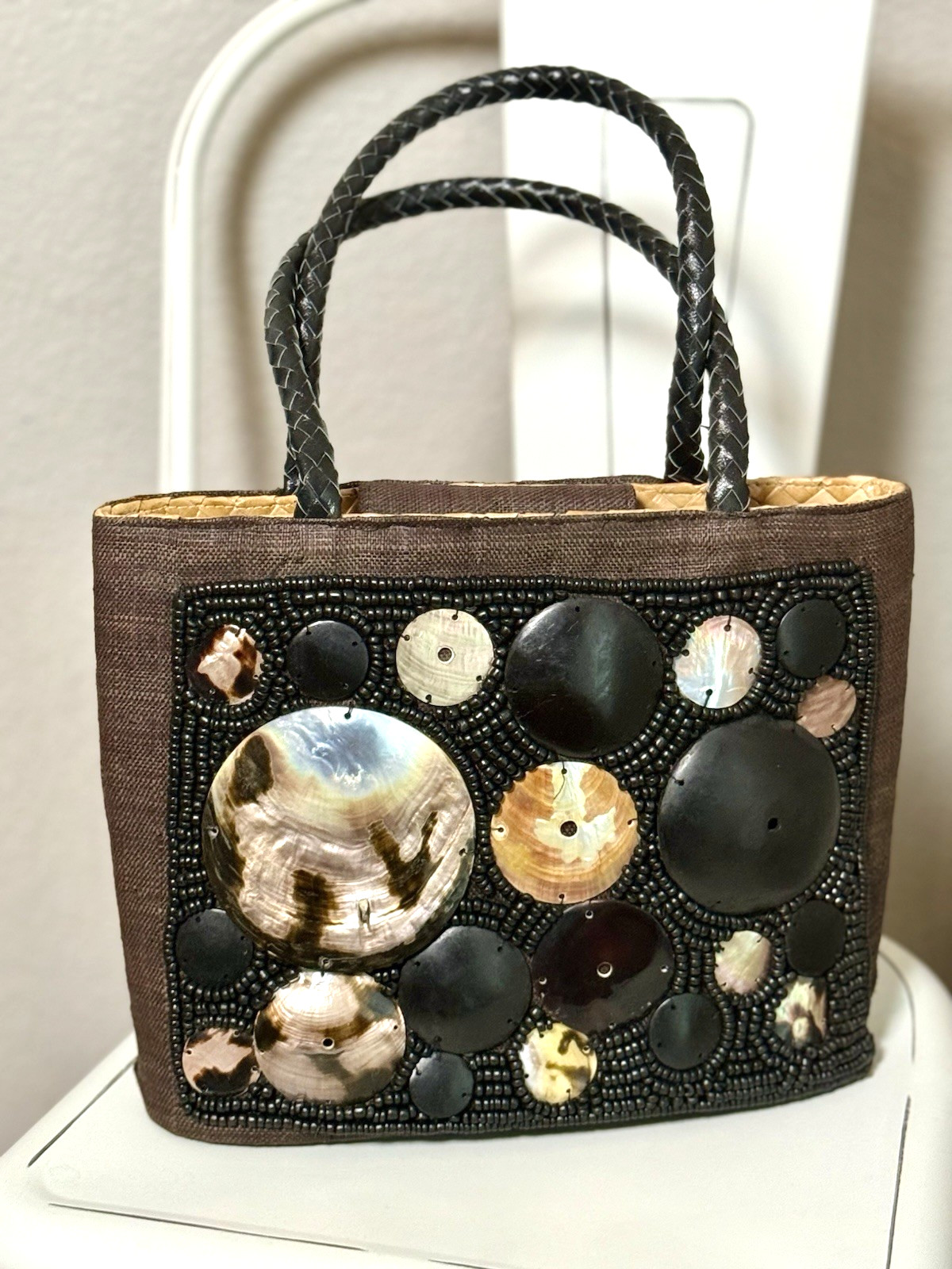 Italy Woven Abalone Handbag Chocolate Brown Wood Bead Rectangular Leather Handle