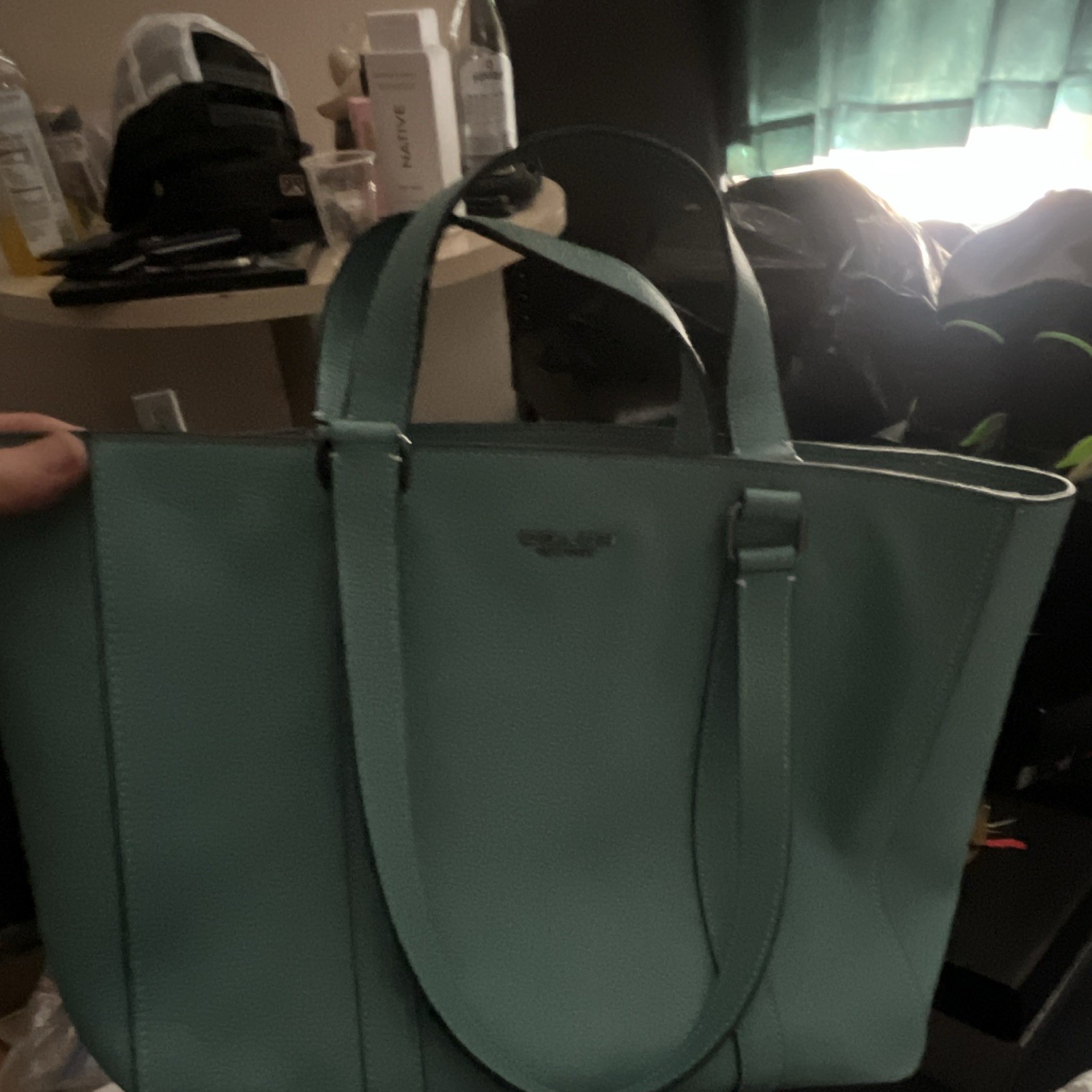 Coach Blue Pebbled Tote Bag Zip Closure Double Handles w/ Inner Pockets