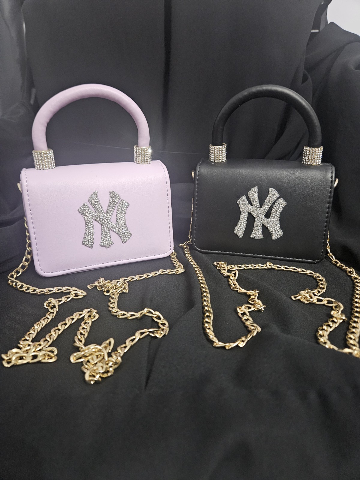 NY Rhinestone Mini Bag Top Handle Crossbody Purse Bling Y2K Streetwear Set of 2