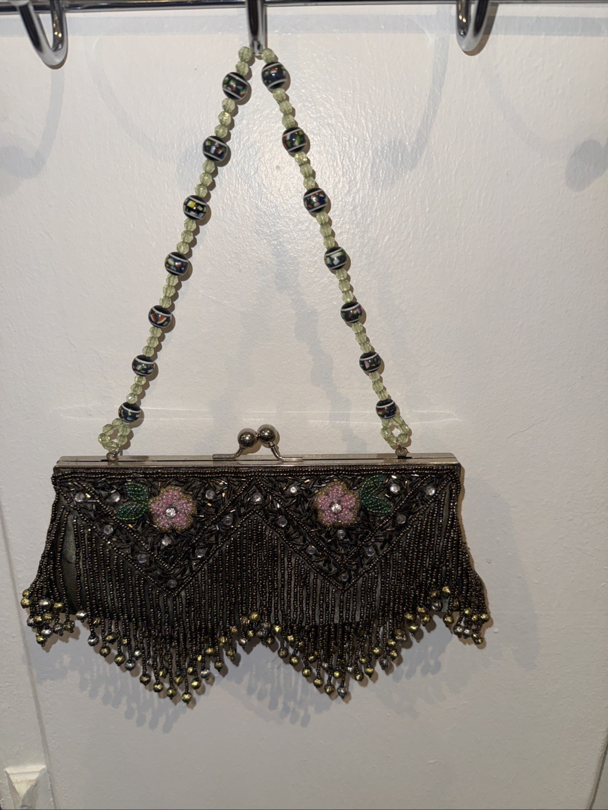 Vintage 70’s Green, Pink& Gold Beaded Flapper/Evening Bag Floral Design Tassels