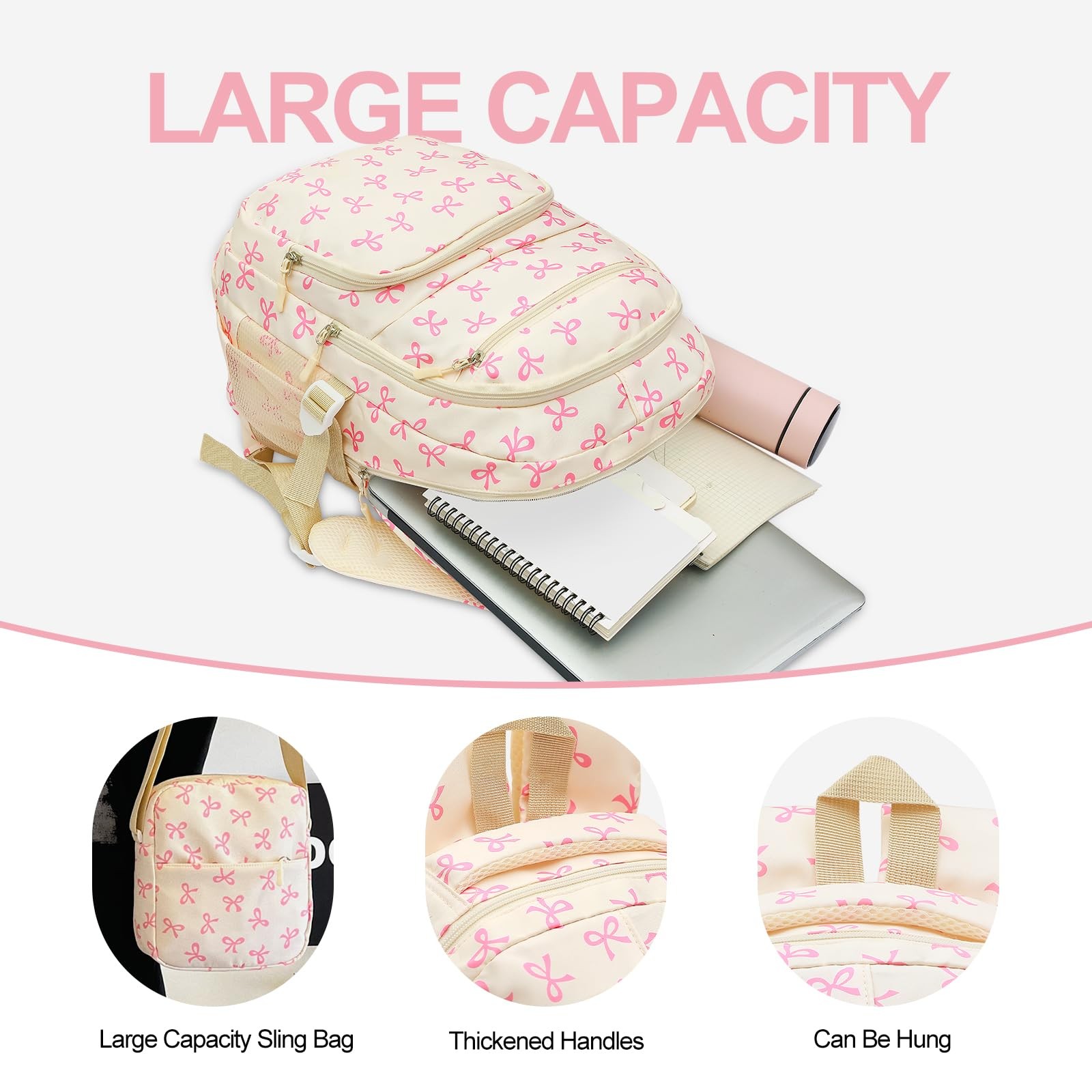 Cute Pink Bow Backpack Set for Women, Large Capacity Shoulder Bag 3PCS