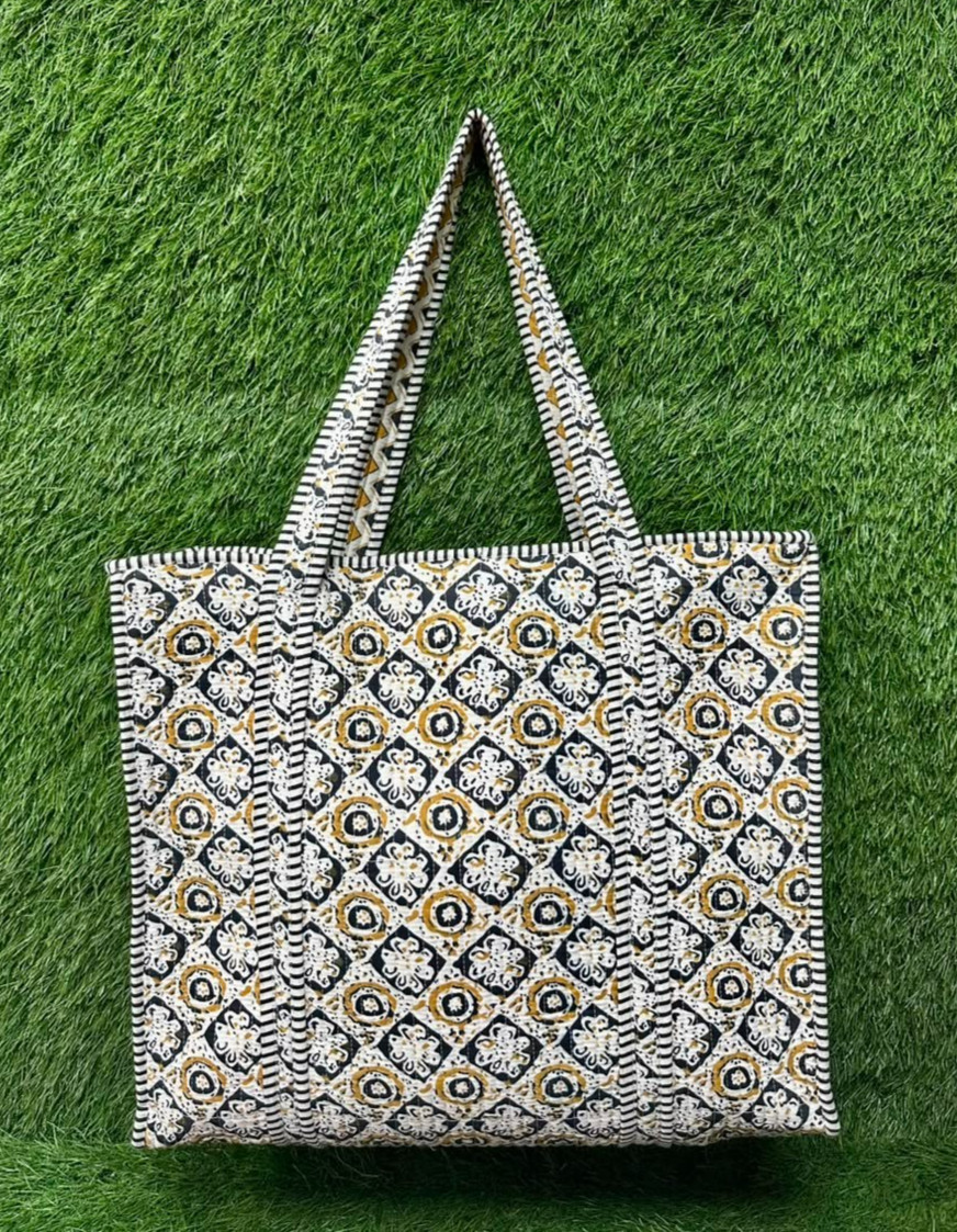 Black & Mustard Floral Print Tote Bag Large Handmade Beach Travel Shopping Bag