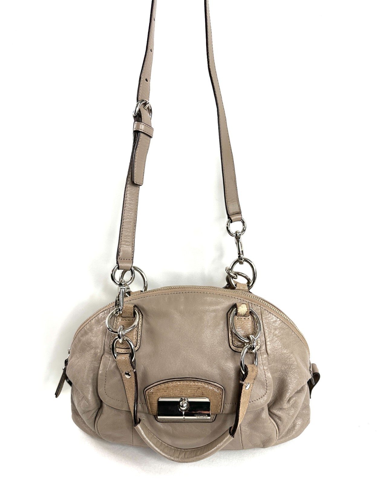 Coach Kristin 19296 Taupe Leather Medium Shoulder Bag Purse Front Latch
