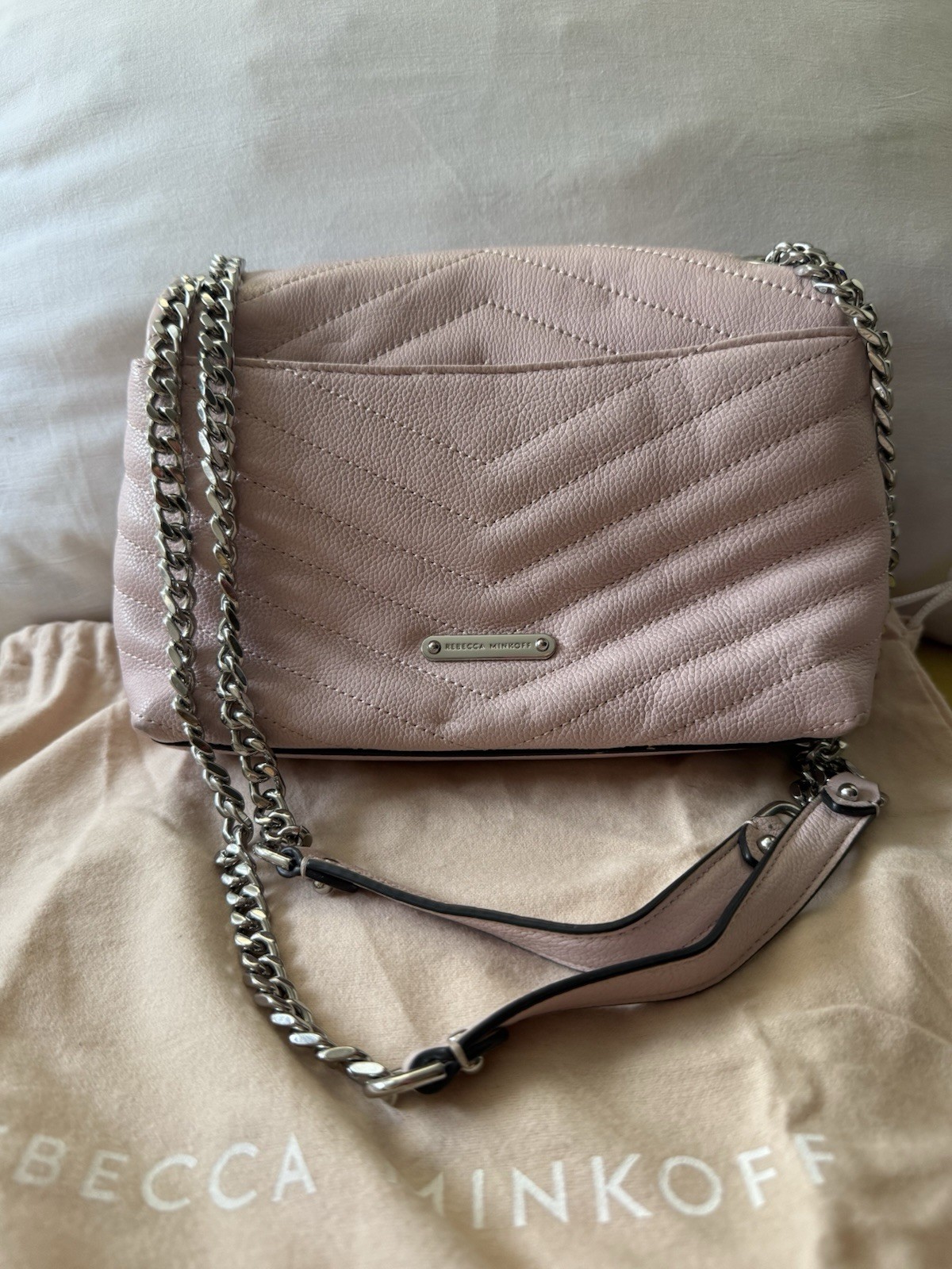 Rebecca Minkoff Pink Edie Chevron Quilted Crossbody Chain w Dust Bag