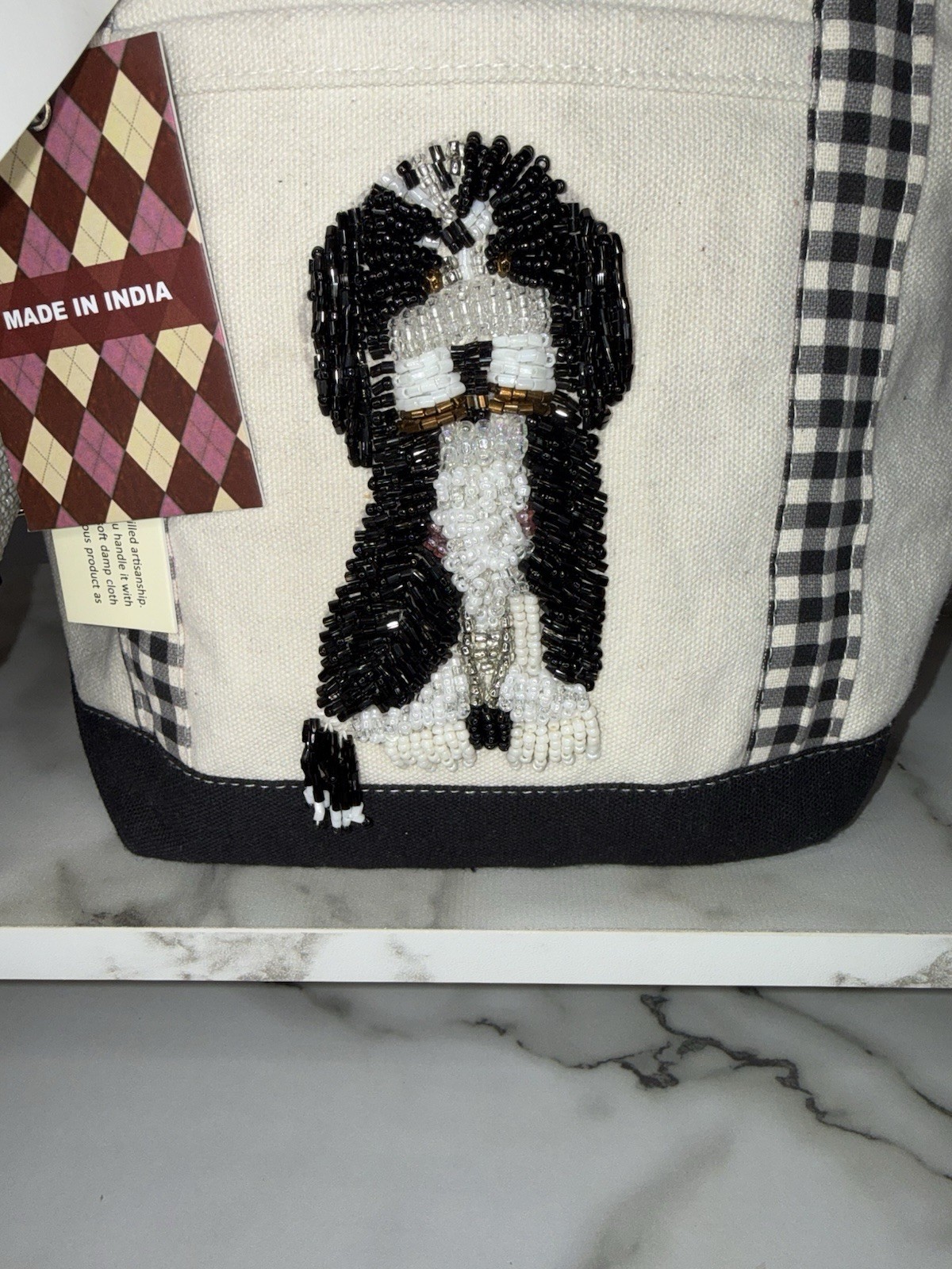 Bernedoodle Black White Dog Beaded Canvas Tote Coin Purse Set NWT Gingham