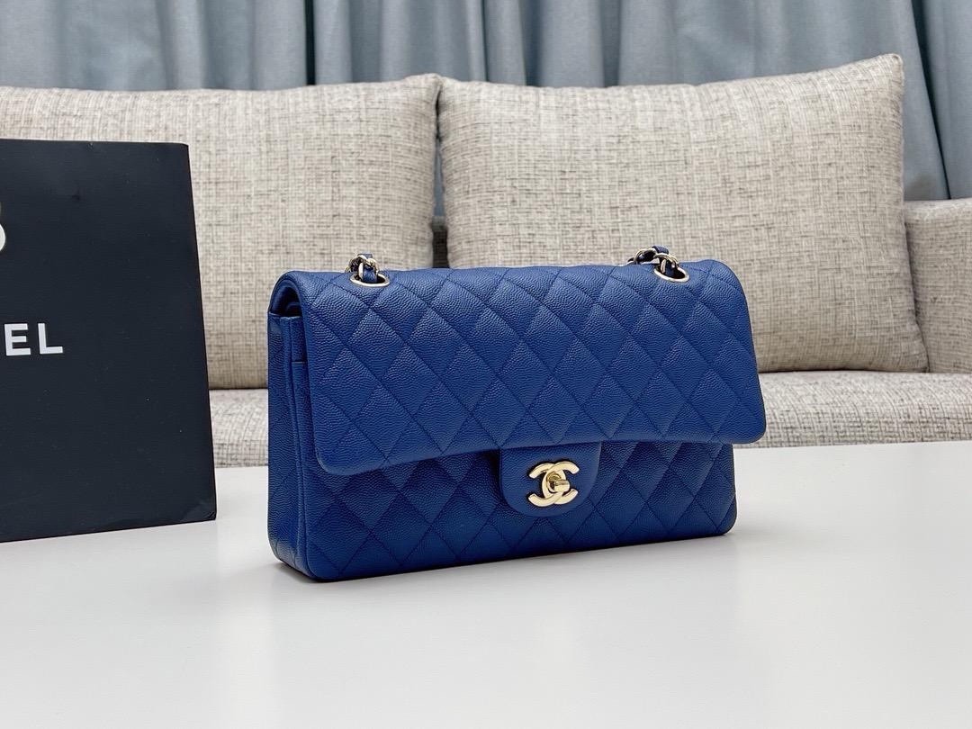 CHANEL Blue Quilted Flap Shoulder Bag Turn Lock Gold Chain Strap Medium