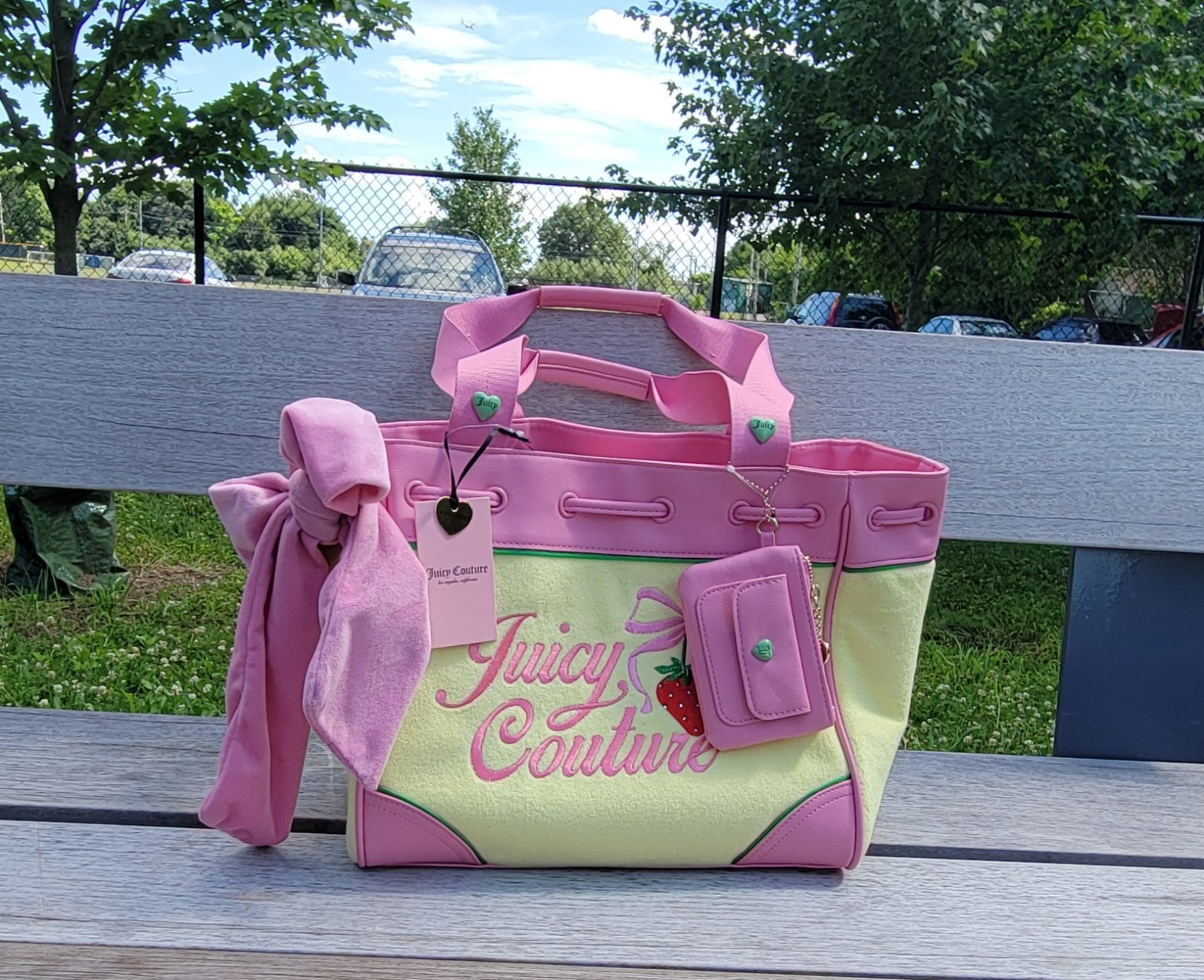 New Juicy Couture Retro Strawberry Daydreamer Yellow Pink Bows Tote Y2K Handbag